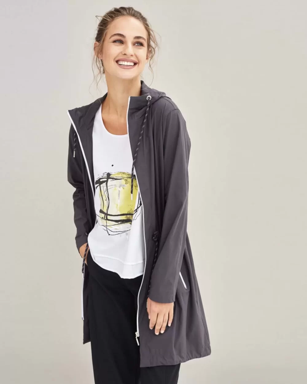 NAYA Mac Style Coat with Contrast Trims in Charcoal