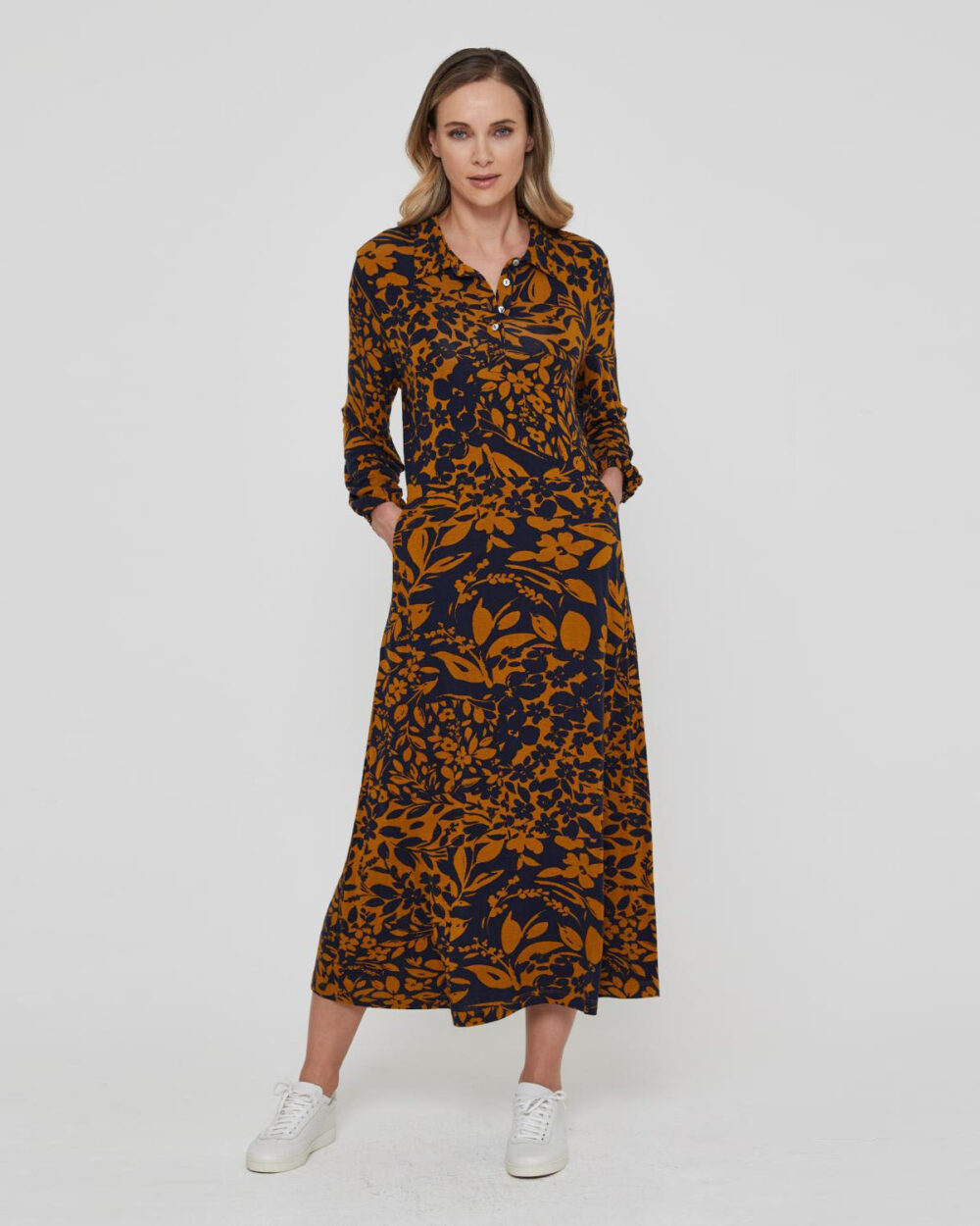 ADINI Patchwork Floral Emery Dress - Saffron & Navy