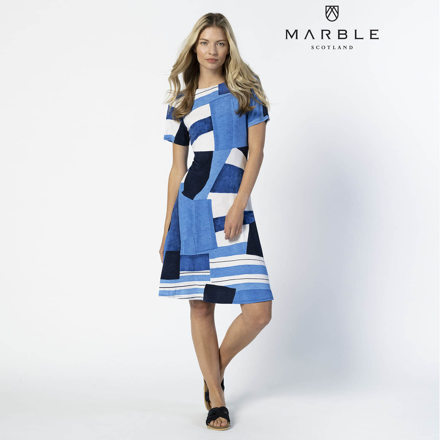 MARBLE Flare Shift Dress in Blue & White