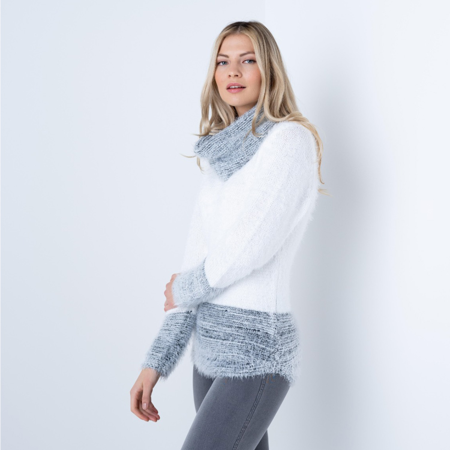 MARBLE V Neck Sweater with Snood - Ivory - Image 3