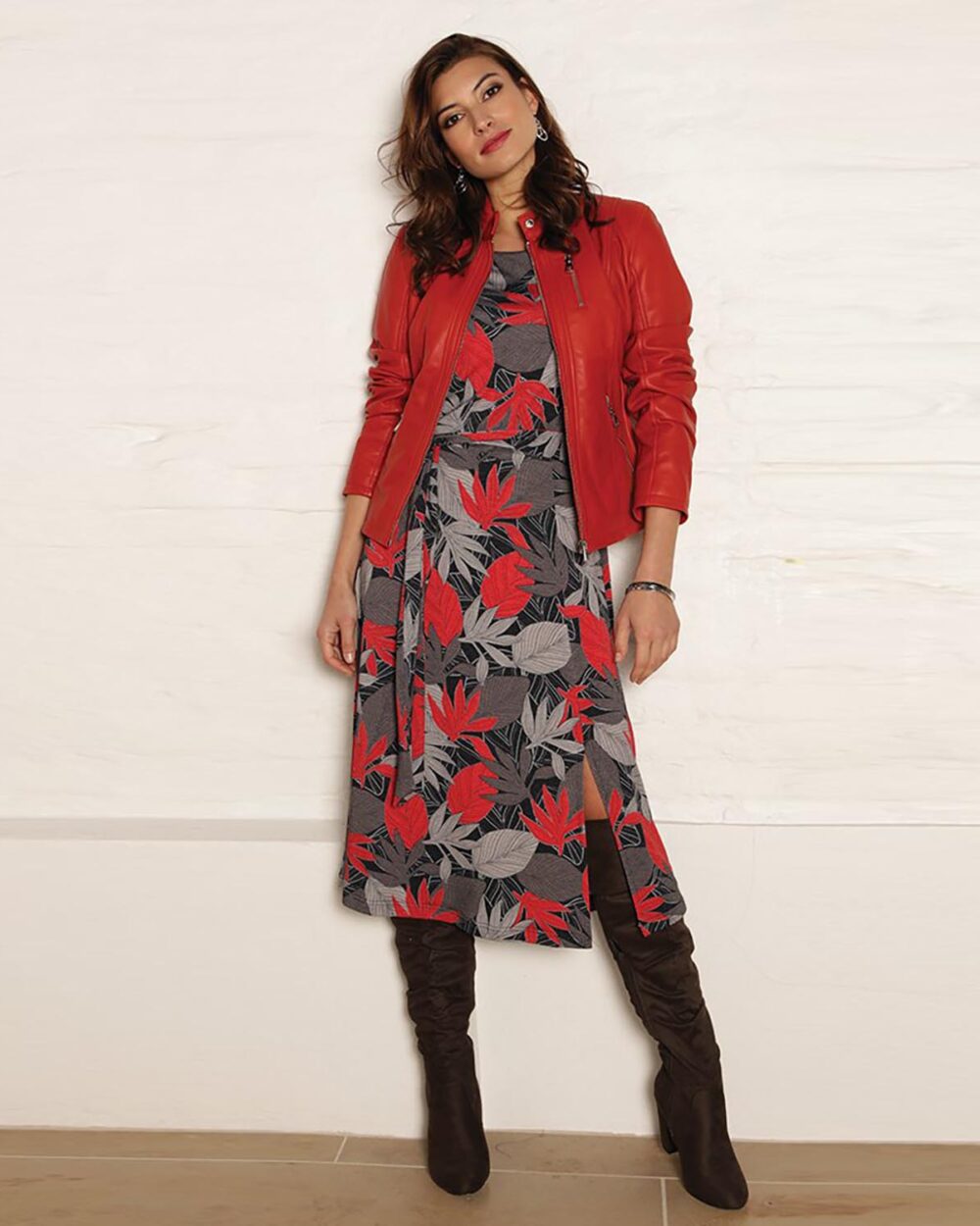 POMODORO Leaf Midi Dress in Red & Grey